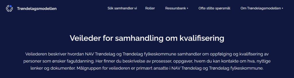 Bildet viser logo for Trøndelagsmodellen og viser første sida til nettsted for Trøndelagsmodellen.